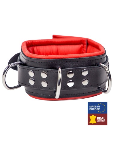 Collier en cuir rembourré avec 3 anneaux D Rouge