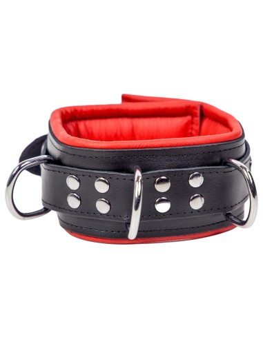 Collier en cuir rembourré avec 3 anneaux D Rouge