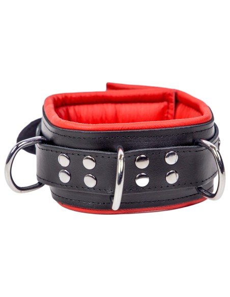 Collier en cuir rembourré avec 3 anneaux D Rouge