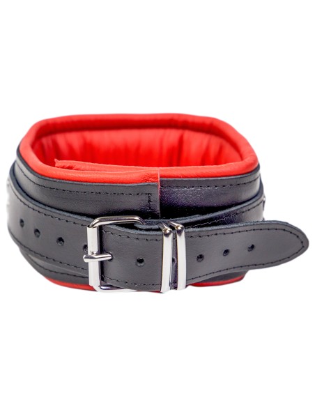 Collier en cuir rembourré avec 3 anneaux D Rouge