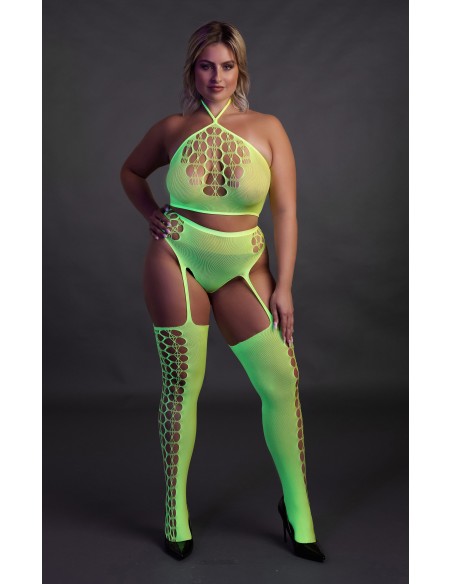Ensemble Bustier et Porte-Jarretelles 2 Pièces Vert Fluo