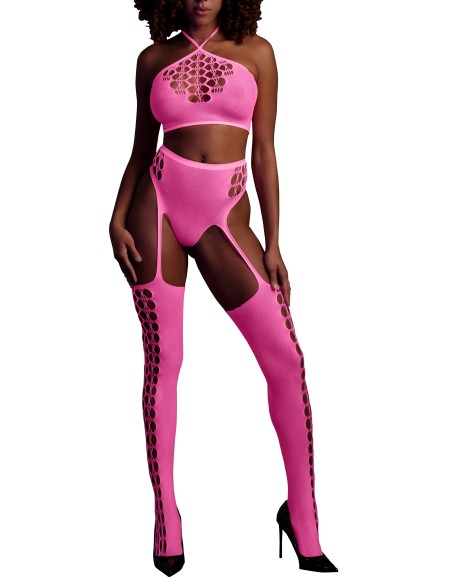 Ensemble Bustier et Porte-Jarretelles 2 Pièces Rose Fluo