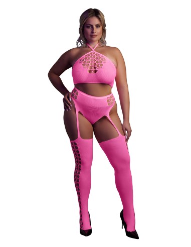 Ensemble Bustier et Porte-Jarretelles 2 Pièces Rose Fluo