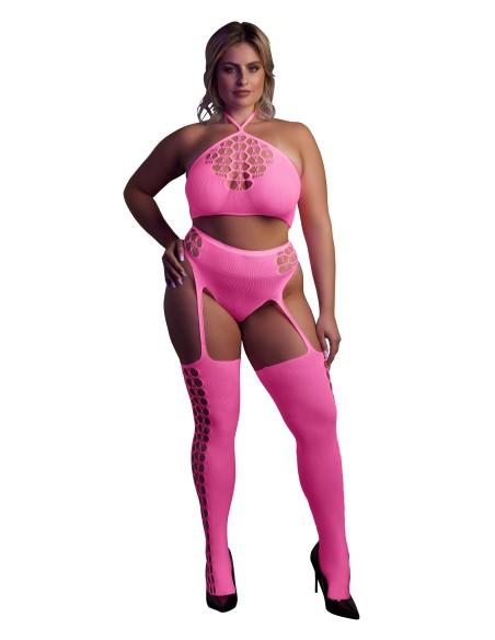 Ensemble Bustier et Porte-Jarretelles 2 Pièces Rose Fluo