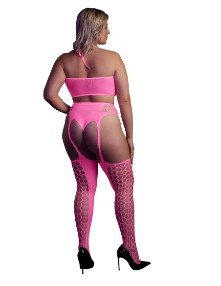 Ensemble Bustier et Porte-Jarretelles 2 Pièces Rose Fluo