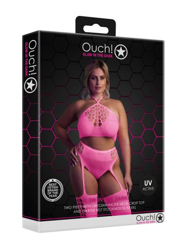 Ensemble Bustier et Porte-Jarretelles 2 Pièces Rose Fluo