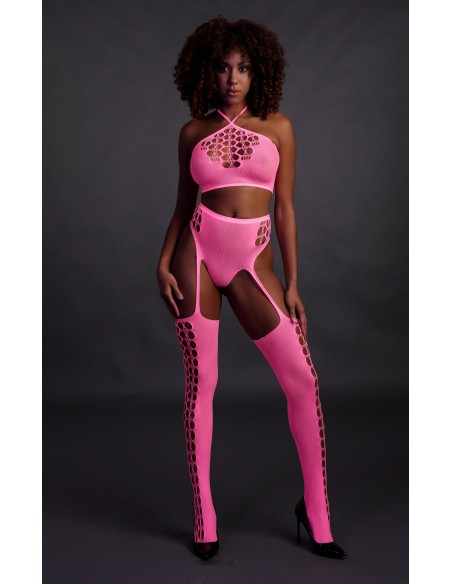 Ensemble Bustier et Porte-Jarretelles 2 Pièces Rose Fluo