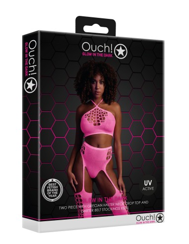 Ensemble Bustier et Porte-Jarretelles 2 Pièces Rose Fluo