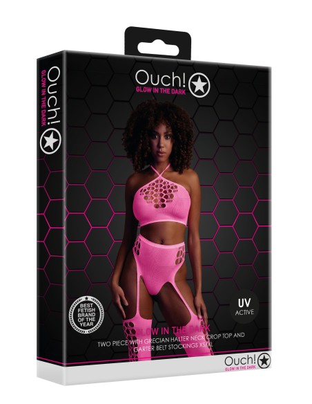 Ensemble Bustier et Porte-Jarretelles 2 Pièces Rose Fluo