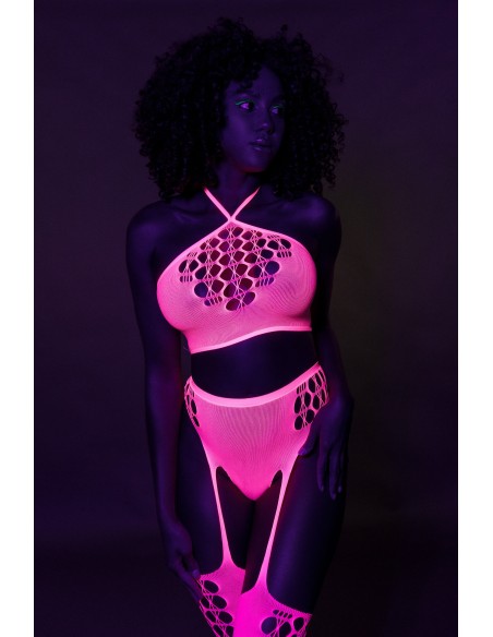 Ensemble Bustier et Porte-Jarretelles 2 Pièces Rose Fluo