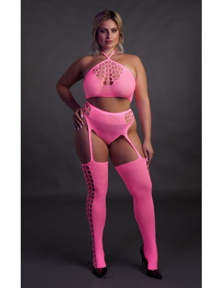Ensemble Bustier et Porte-Jarretelles 2 Pièces Rose Fluo