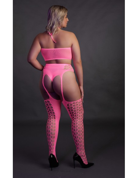 Ensemble Bustier et Porte-Jarretelles 2 Pièces Rose Fluo