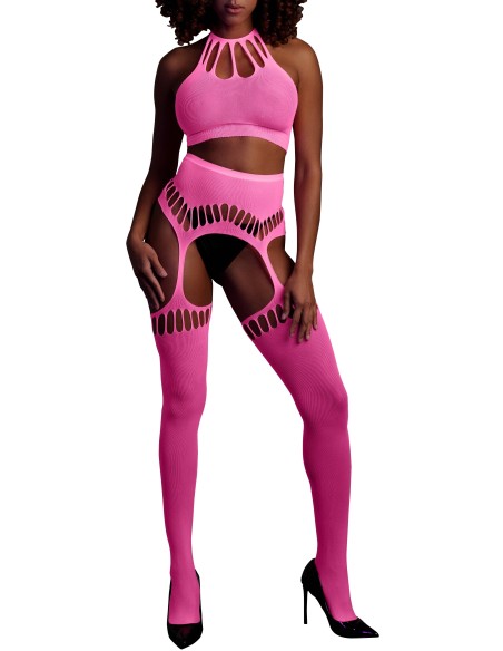 Ensemble Bustier Dos nu et Porte-Jarretelles 2 Pièces Rose Fluo