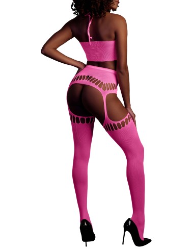 Ensemble Bustier Dos nu et Porte-Jarretelles 2 Pièces Rose Fluo