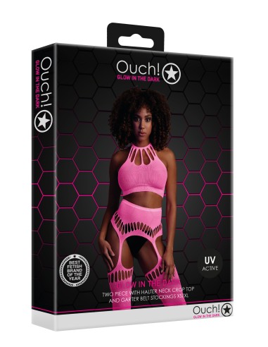 Ensemble Bustier Dos nu et Porte-Jarretelles 2 Pièces Rose Fluo