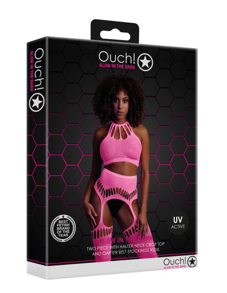 Ensemble Bustier Dos nu et Porte-Jarretelles 2 Pièces Rose Fluo