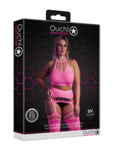 Ensemble Bustier Dos nu et Porte-Jarretelles 2 Pièces Rose Fluo