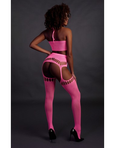 Ensemble Bustier Dos nu et Porte-Jarretelles 2 Pièces Rose Fluo