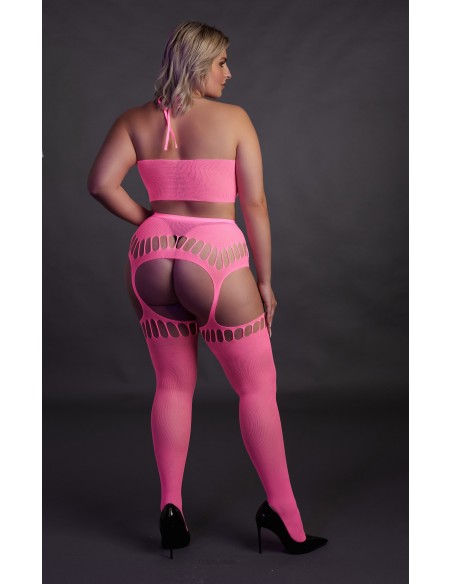 Ensemble Bustier Dos nu et Porte-Jarretelles 2 Pièces Rose Fluo