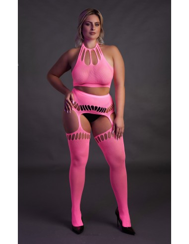 Ensemble Bustier Dos nu et Porte-Jarretelles 2 Pièces Rose Fluo