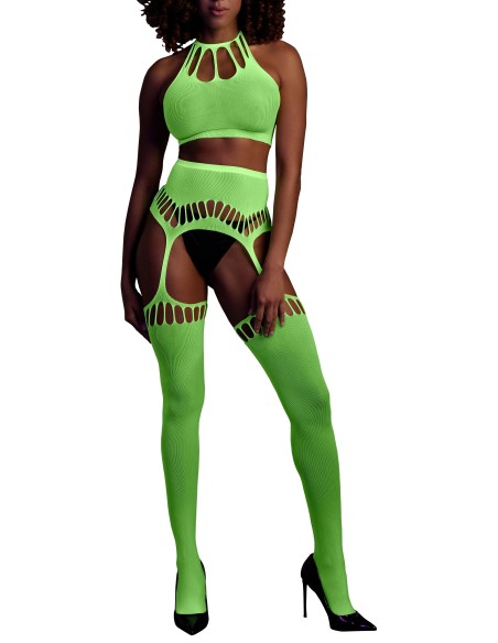 Ensemble Bustier Dos nu et Porte-Jarretelles 2 Pièces Vert Fluo