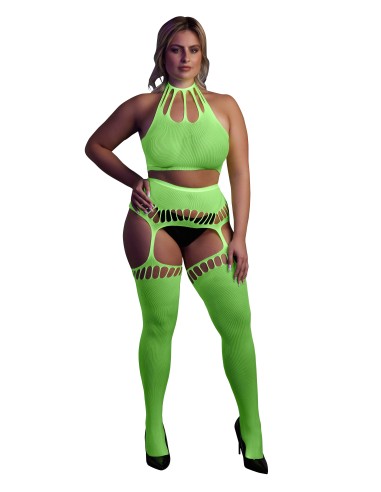 Ensemble Bustier Dos nu et Porte-Jarretelles 2 Pièces Vert Fluo