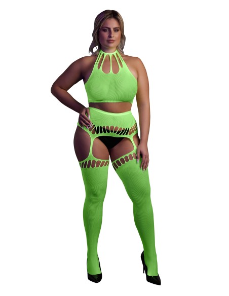 Ensemble Bustier Dos nu et Porte-Jarretelles 2 Pièces Vert Fluo