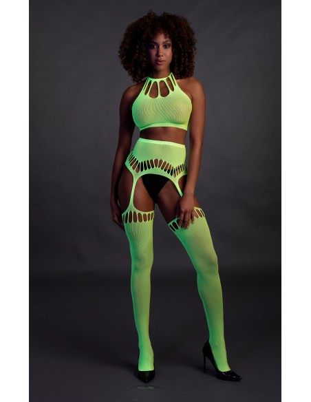 Ensemble Bustier Dos nu et Porte-Jarretelles 2 Pièces Vert Fluo