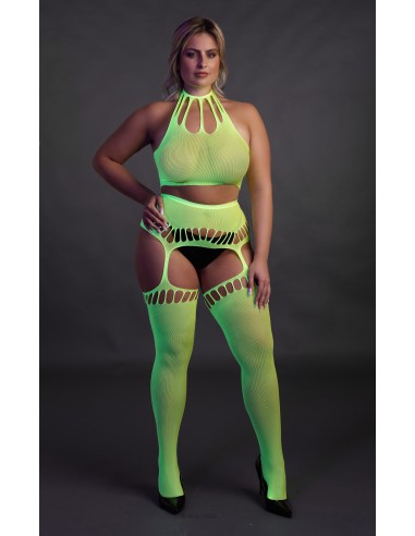 Ensemble Bustier Dos nu et Porte-Jarretelles 2 Pièces Vert Fluo