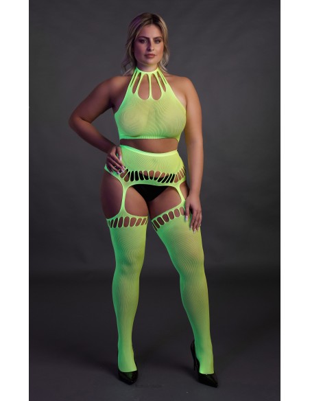 Ensemble Bustier Dos nu et Porte-Jarretelles 2 Pièces Vert Fluo