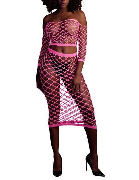 Bustier et Robe Filet Épaules dénudées Rose Fluo