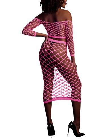 Bustier et Robe Filet Épaules dénudées Rose Fluo