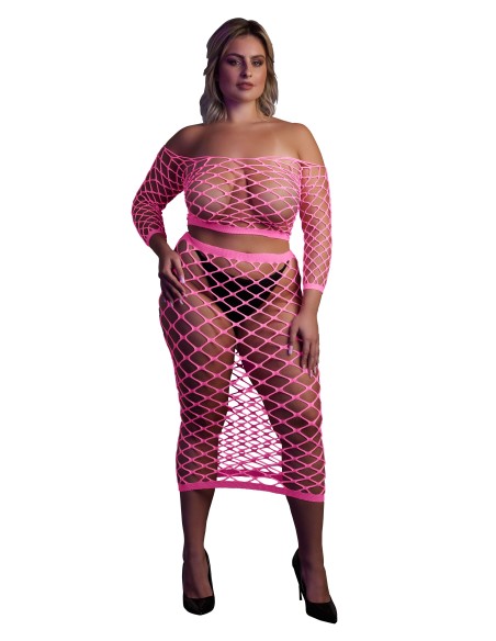 Bustier et Robe Filet Épaules dénudées Rose Fluo