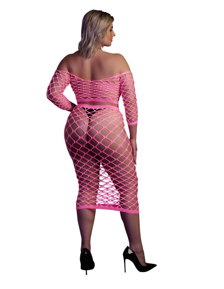 Bustier et Robe Filet Épaules dénudées Rose Fluo