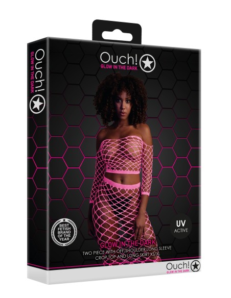 Bustier et Robe Filet Épaules dénudées Rose Fluo