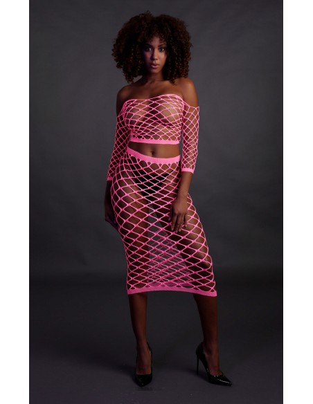 Bustier et Robe Filet Épaules dénudées Rose Fluo