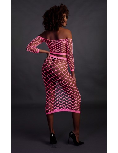 Bustier et Robe Filet Épaules dénudées Rose Fluo