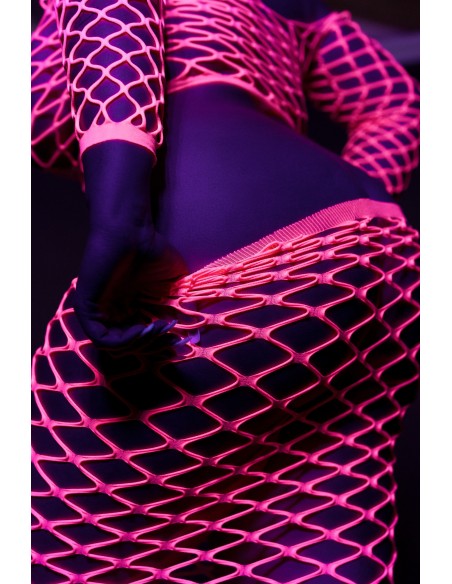 Bustier et Robe Filet Épaules dénudées Rose Fluo