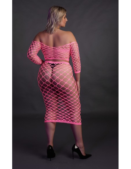 Bustier et Robe Filet Épaules dénudées Rose Fluo