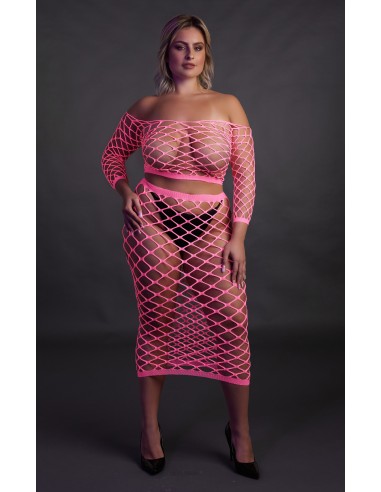 Bustier et Robe Filet Épaules dénudées Rose Fluo