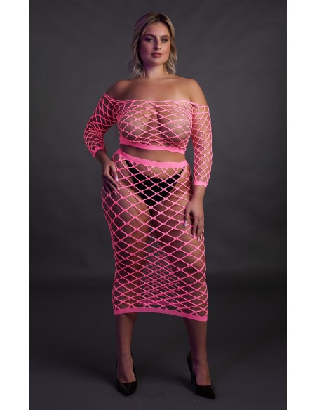 Bustier et Robe Filet Épaules dénudées Rose Fluo