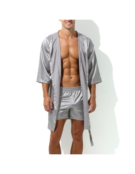 Peignoir effet satiné Long Slit Gris