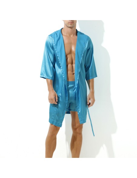 Peignoir effet satiné Long Slit Bleu Turquoise