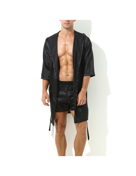 Peignoir effet satiné Long Slit Noir
