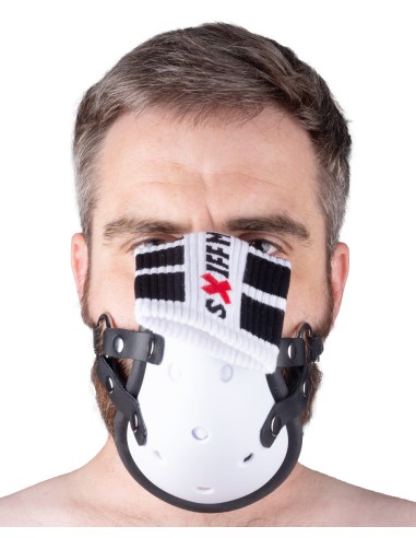 Masque avec Lanières en Cuir « Sniff my .... » Blanc