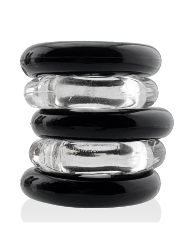 Lot de 5 Cockrings étirables Jacker 5-Stack 22mm Noir-Transparent