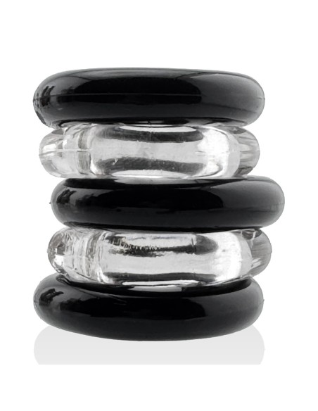 Lot de 5 Cockrings étirables Jacker 5-Stack 22mm Noir-Transparent