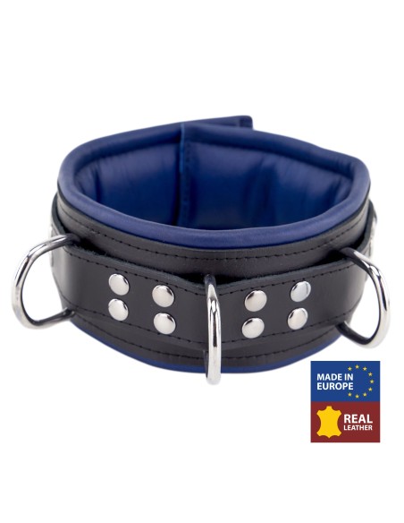 Collier rembourré en cuir 3 Anneaux D Bleu Collier rembourré en cuir 3 Anneaux D Bleu
