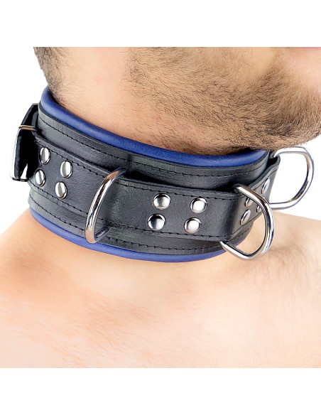 Collier rembourré en cuir 3 Anneaux D Bleu Collier rembourré en cuir 3 Anneaux D Bleu