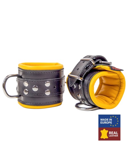 Menottes en cuir rembourrées Noir-Jaune Menottes en cuir rembourrées Noir-Jaune